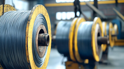 Obraz premium Steel wire coils rest elegantly on wooden spools in a warehouse, complementing the active backdrop of a vibrant construction site filled with energy