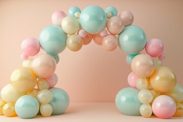 A colorful arch made of balloons with a pink, yellow