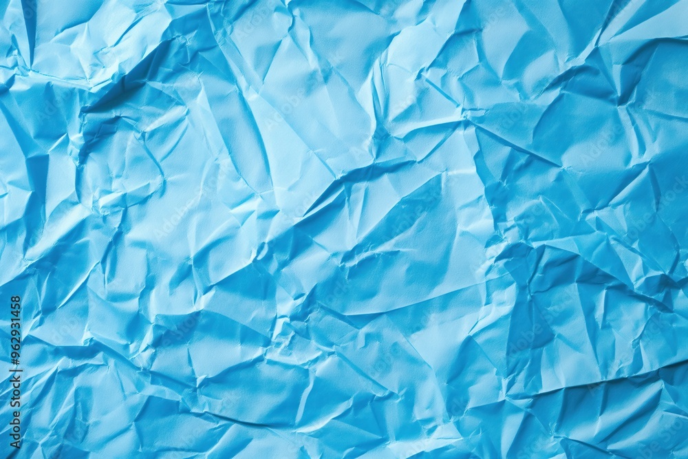 Aufkleber Crumpled blue paper texture background with folded creases. Close-up view of rough blue surface on white background. No text or objects visible. Perfect for design and art projects.