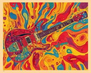 Psychedelic guitar with vibrant colors and abstract background.