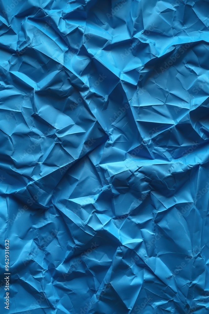 Poster crumpled blue paper texture with creased surface. close-up view of folded and wrinkled paper backgro