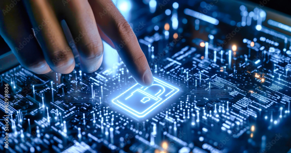 Poster a businessman engages with a digital lock icon on a glowing circuit board, emphasizing the importanc