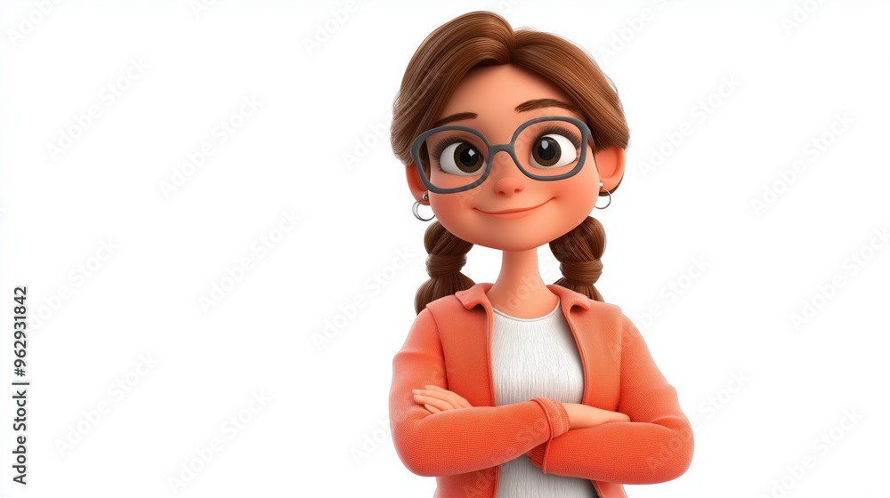 Wall mural Beautiful and funny cartoon woman isolated photo on white background. Cartoon Woman in glasses