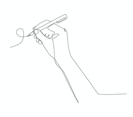 Obraz premium continuous line drawing of hand drawing line with pen on a table.