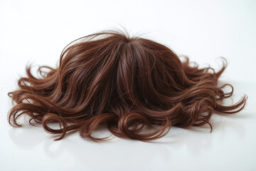 Naklejka premium A women's wig, brown color, short with curls hairstyle, made of natural human hair fibers, soft, shiny real look, stylish, lying on white surface background, isolated. A synthetic adult head covering.