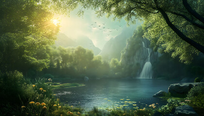 Fototapeta premium An idyllic nature wallpaper with a beautiful lake
