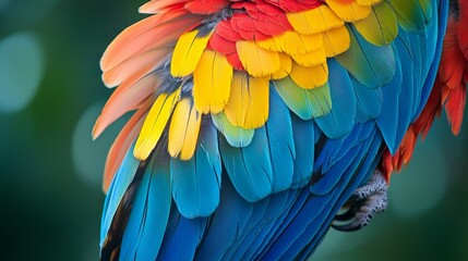 Fototapeta premium Colorful Parrot Feathers Close Up Blue Yellow Red Green Texture Background