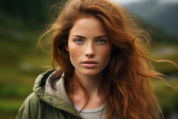 Fototapeta premium Close-up photo of a girl with green eyes and freckles on her face in the mountains