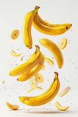 Floating Bananas in mid air, banana slices falling around them