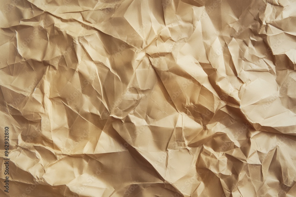 Poster Crumpled brown paper texture background with folded edges. Close-up view of flexible material suitable for crafting or packaging. Ideal for design and art projects requiring unique paper texture.