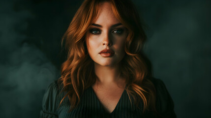 Fototapeta premium Mature Plus Size Red Hair Woman Grey Evening