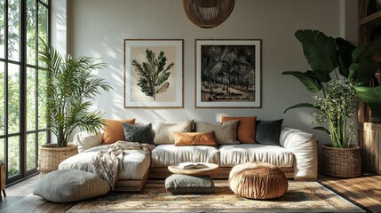 Bohemian Living Room Interior Design with White Sofa  Plants and Natural Light