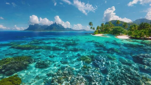 A breathtaking split view of a tropical paradise, showcasing clear turquoise waters revealing vibrant coral reefs below
