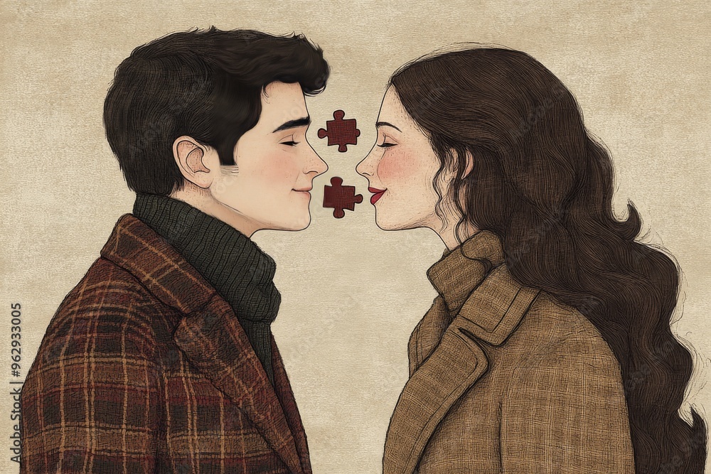 Poster brain research executive functions romantic couple with puzzle piece elements between their faces sy
