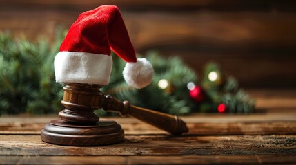 Santa Claus hat on Judge Gavel on wooden rustic background. Christmas and new year celebration. Winter holidays law or heritage protection service.