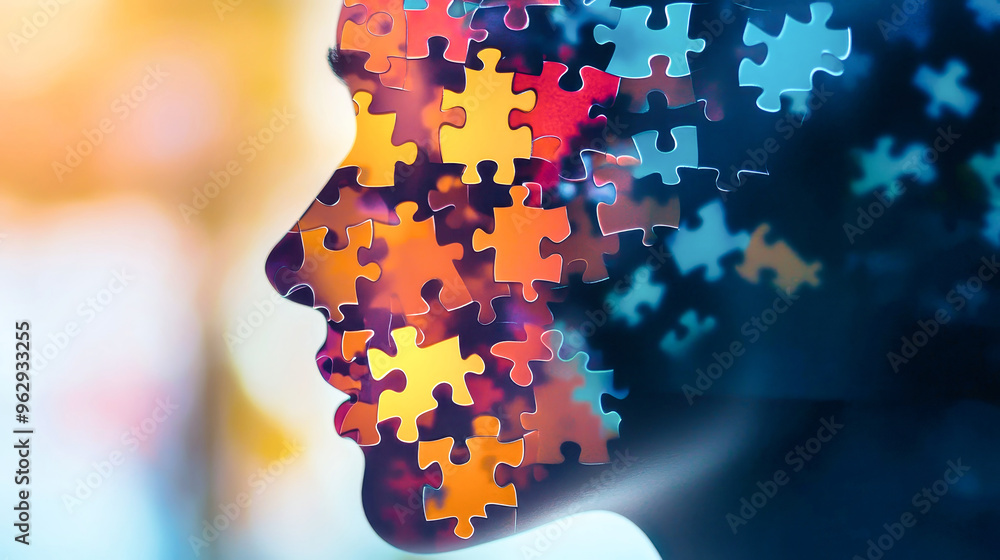 Poster a man's silhouette intricately blends with vibrant puzzle pieces, creating a visual representation o
