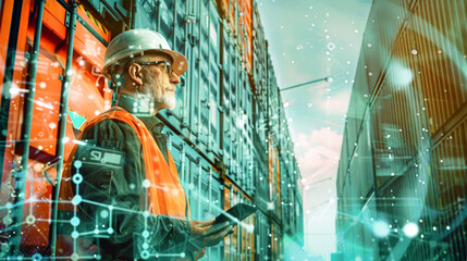 A manager in a safety vest uses a tablet while surrounded by cargo boxes, with digital data visuals enhancing the backdrop