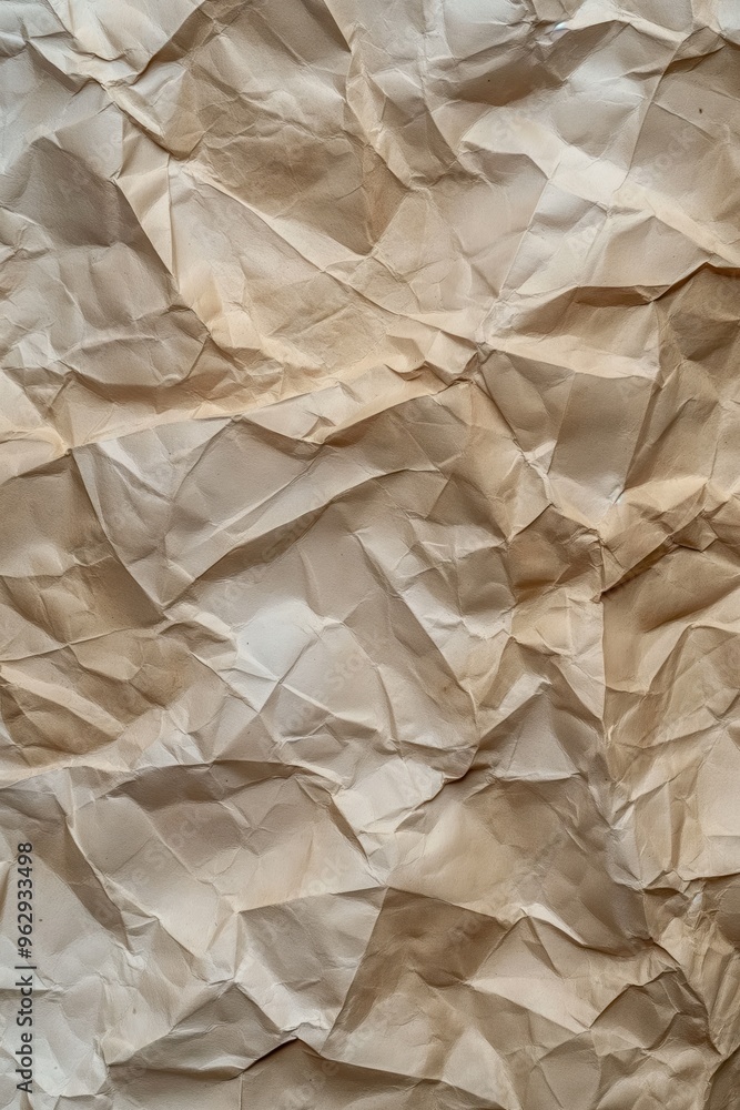 Poster Crumpled paper texture background with creased folds and curled edges. Close-up view of brown paper with darker center. Ideal for design projects, posters, and print materials.