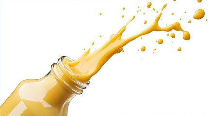 Mustard sauce splashing out from glass bottle_solated stock photo on white background