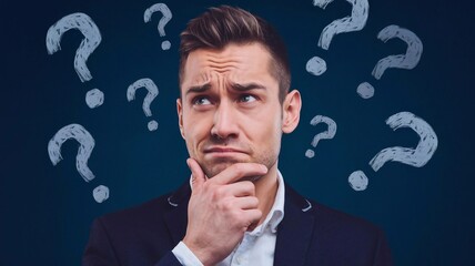 Thoughtful man contemplating with question marks, puzzled expression on blue background