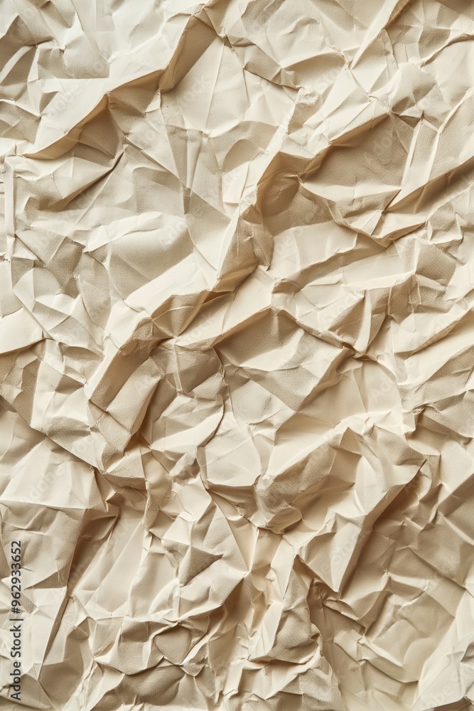 Poster crumpled beige paper texture with folded edges, blurred background. close-up view of handmade craft 