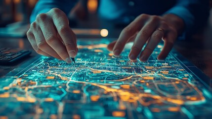 Close-up of a hand using a stylus on a digital map with glowing lines.