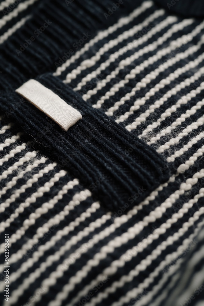 Aufkleber Close-up of black and white striped fabric with textured surface. Crumpled fabric appears dynamic with tilted angle. No text or objects visible. Fabric care label on jacket material.