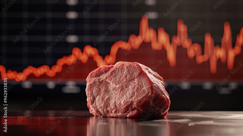 Poster close-up of a raw beef steak on a reflective surface with a fluctuating financial chart in the backg