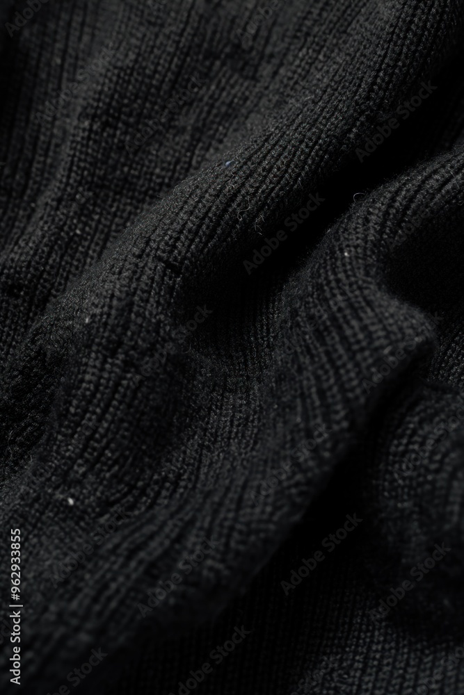 Poster close-up of black knit fabric with wrinkled texture. no objects or text present. black and white ima