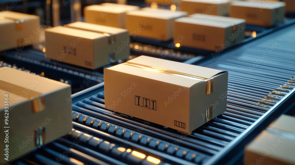 Poster boxes glide smoothly along a conveyor belt in a warehouse setting, illustrating the efficient sortin