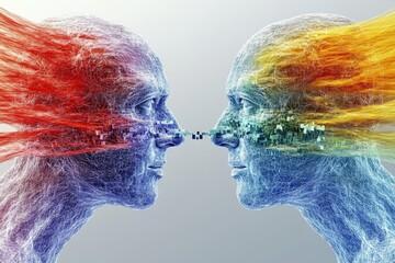 Brain science Executive functions Vibrant and colorful heads exchanging energy symbolizing intense communication creativity and the clash of opposing ideas