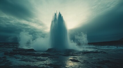 Erupting Geyser with Steam and Dramatic Sky