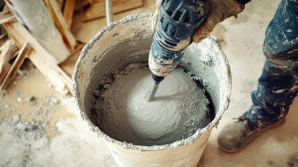 A worker diligently mixes wet cement with water using an electric drill in a gray bucket, preparing a self-leveling mixture for construction