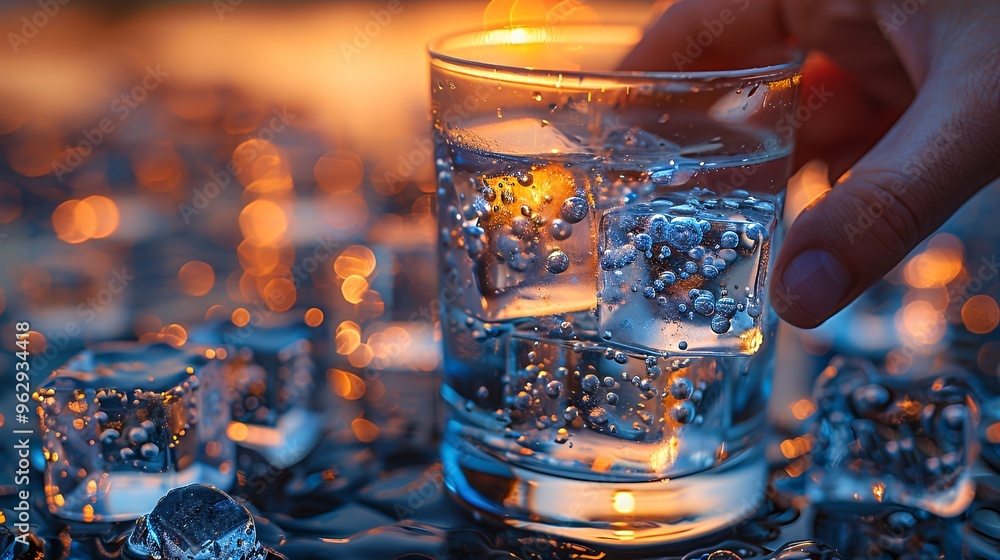 Poster closeup of an ice cube in a glass of water with a blurred background of orange bokeh.
