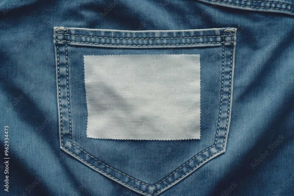 Aufkleber blue denim pocket with white fabric patch on right side. close-up view of laundry care label on pant