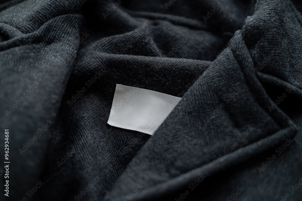 Poster close-up of black coat with white label. soft fuzzy material and blurred background highlight coat d