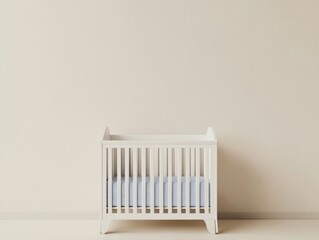 A clean and minimalist background with a baby crib, ideal for baby product promotions