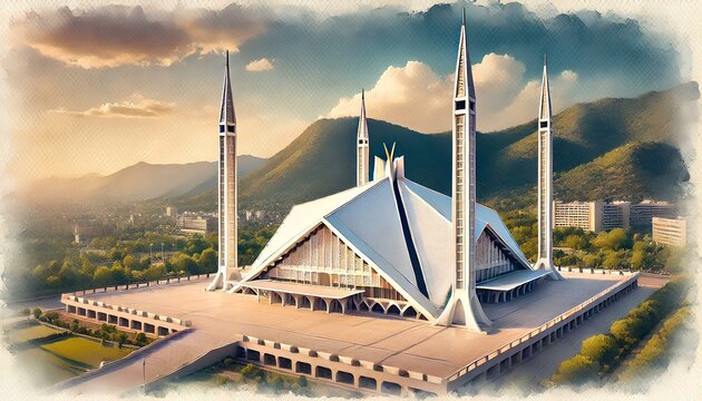 Watercolor painting of Faisal Mosque, Islamabad, with its white minarets, triangular hall, and Margalla Hills.