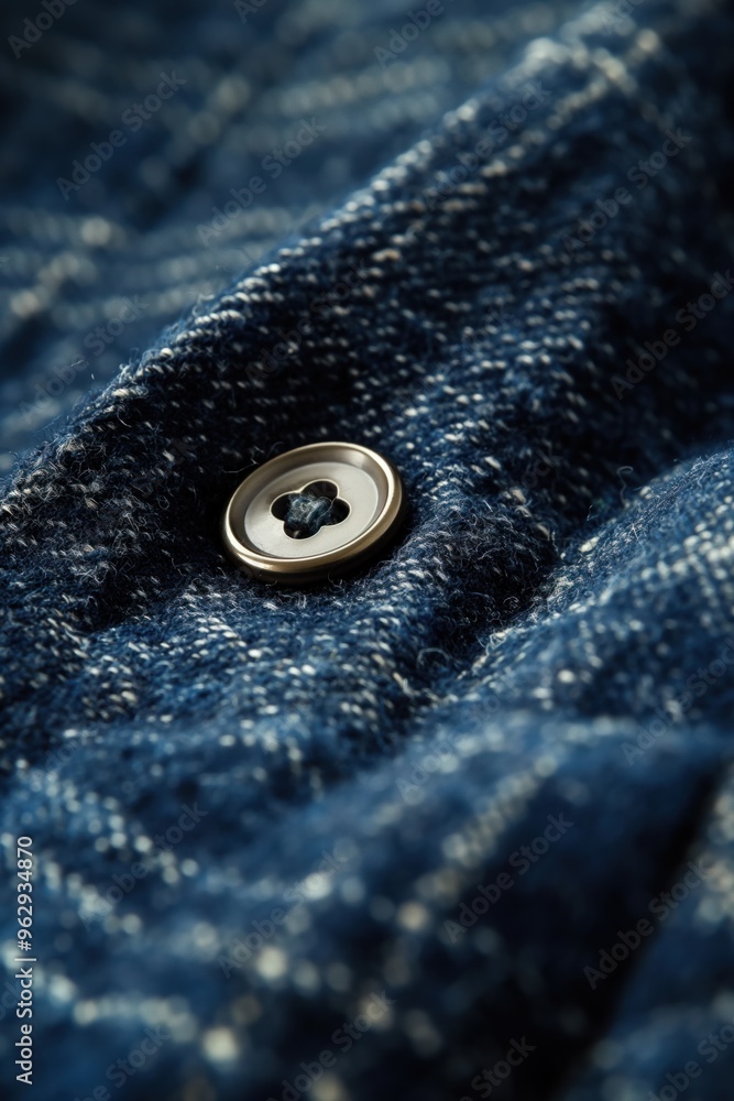 Poster Blue denim fabric close-up shows unique texture with white and blue stripes. Wrinkled surface adds depth. Small round button with white center visible in top right corner.
