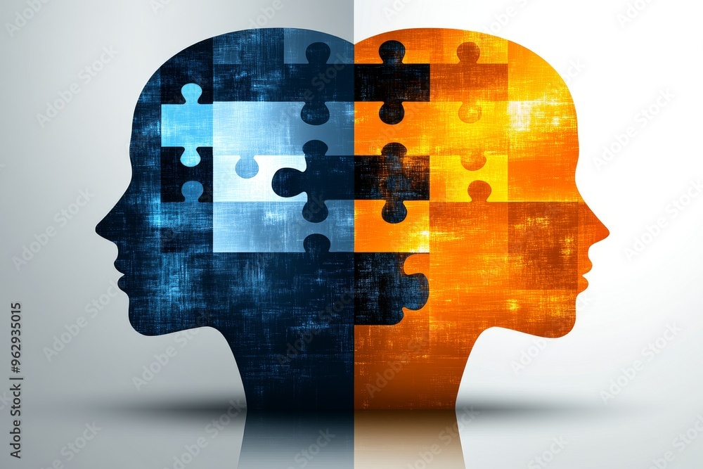 Poster cognitive studies executive functions abstract head silhouette filled with puzzle pieces symbolizing