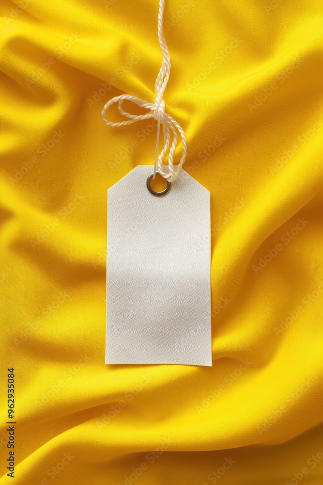 Poster white laundry care tag hangs from string on yellow fabric. close-up of label with silver clasp again