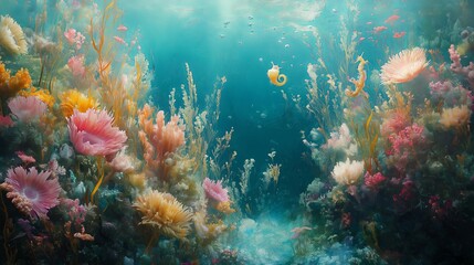 Fototapeta premium A serene underwater garden with soft, flowing seaweed