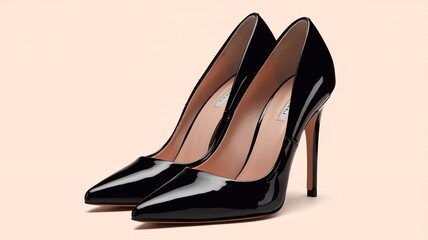 Pair of Classic Black Patent Leather Stiletto Heel Pumps Isolated on a White Background