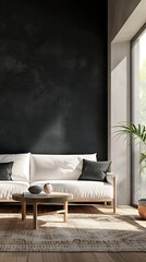 Chic living room with a pristine black wall, white sofa, and wooden coffee table positioned near a window. A blank wall on the right side is perfect for showcasing a product presentation poster.