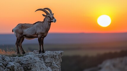 Obraz premium Majestic Ibex Silhouetted Against Stunning Sunset over Rocky Cliff Edge