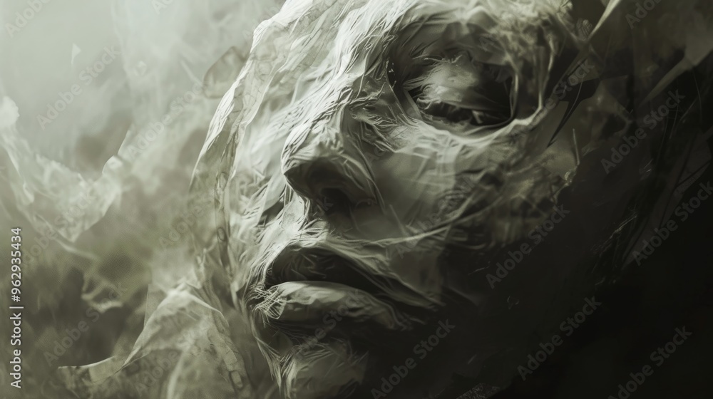 Poster close-up of a face enveloped in translucent, fabric-like material, creating a ghostly and ethereal v