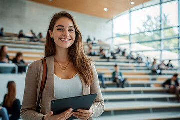 A young woman smiles confidently while holding a tablet in a modern university lecture hall.