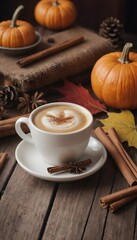Cozy Autumn Cappuccino: A Close-Up of Freshly Brewed Coffee with Pumpkin and Cinnamon Accents