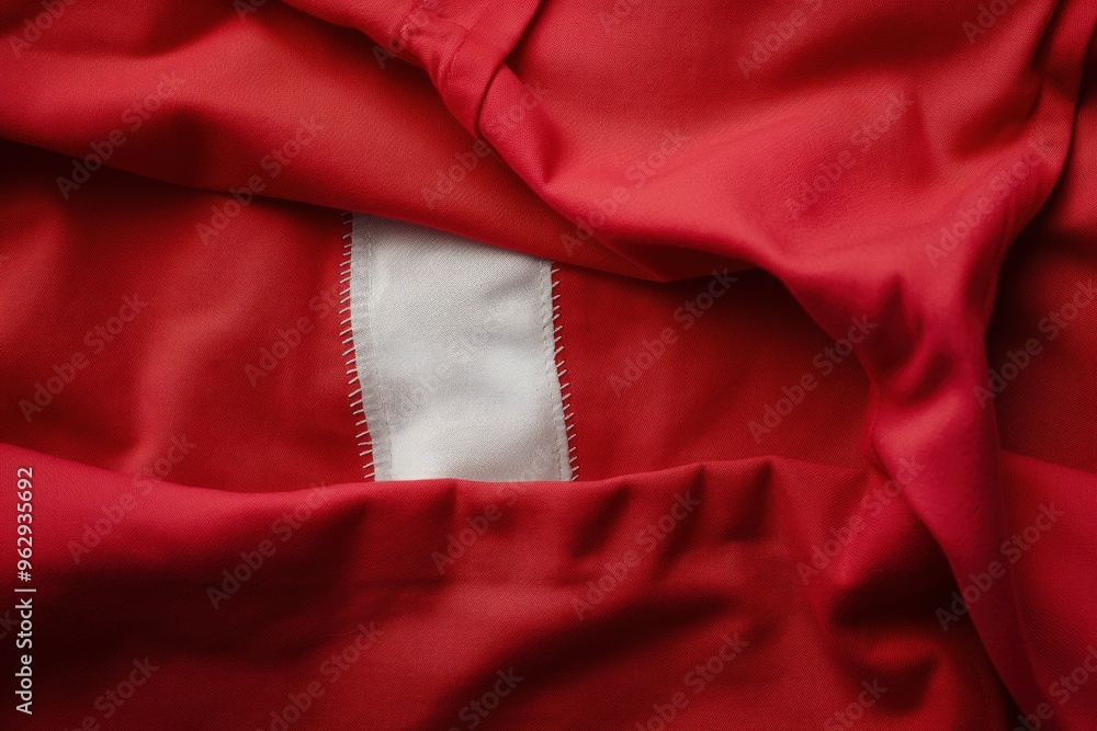 Poster Red fabric close-up shows white border with tear revealing underlying material. Crumpled texture adds depth to image. Blurred background highlights fabric details.