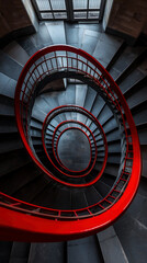 Spiral Staircase with Red Railings in a Dramatic Architectural Design